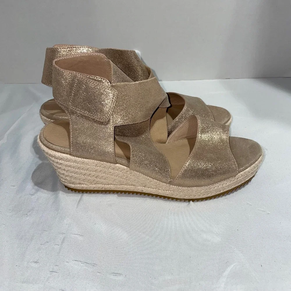 Eileen Fisher‎ Gold Metallic Suede Espadrille Wedge Sandals Womens Strappy Shoes